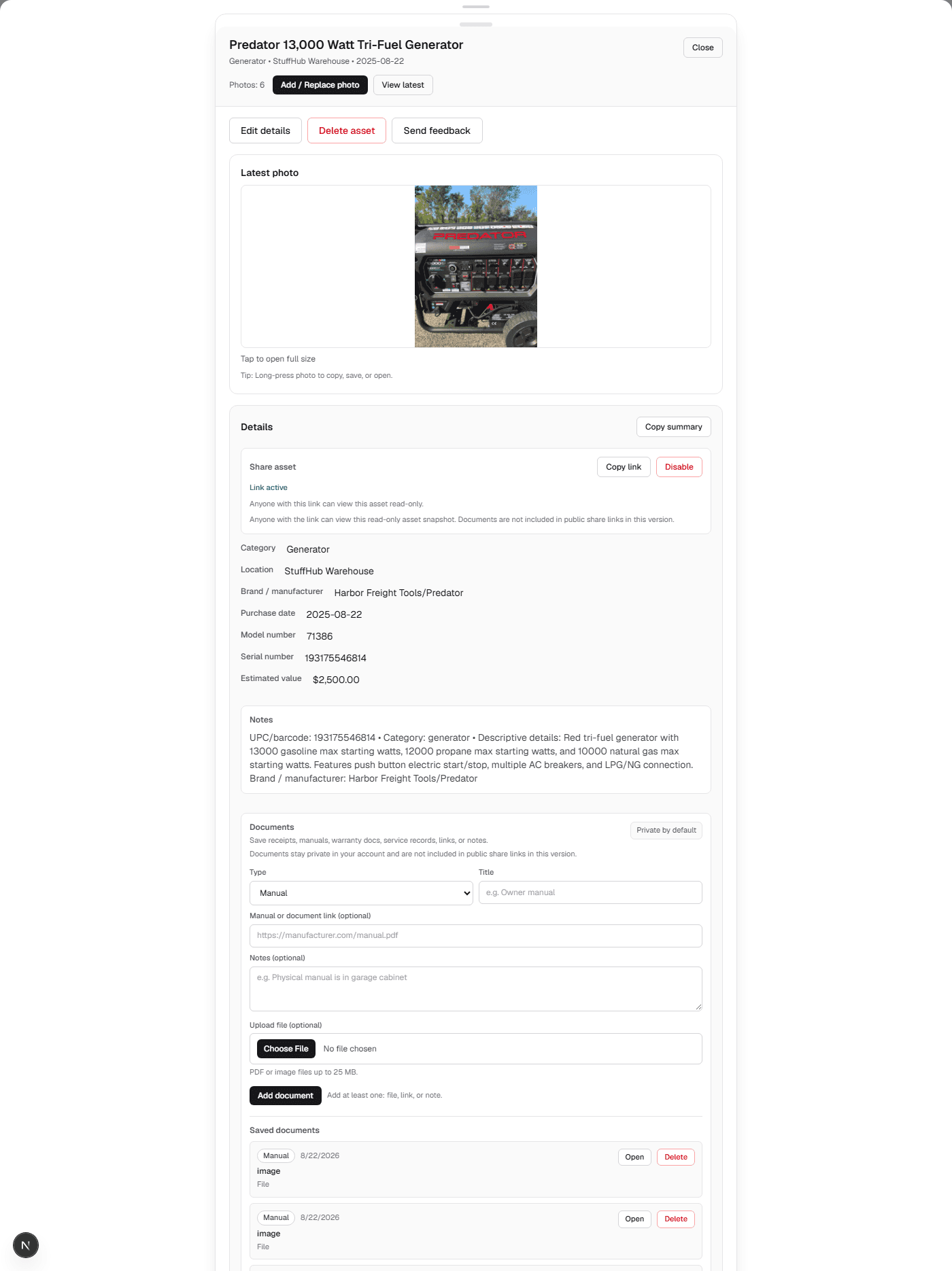 An item detail view showing photos, category, and details saved together in one place.