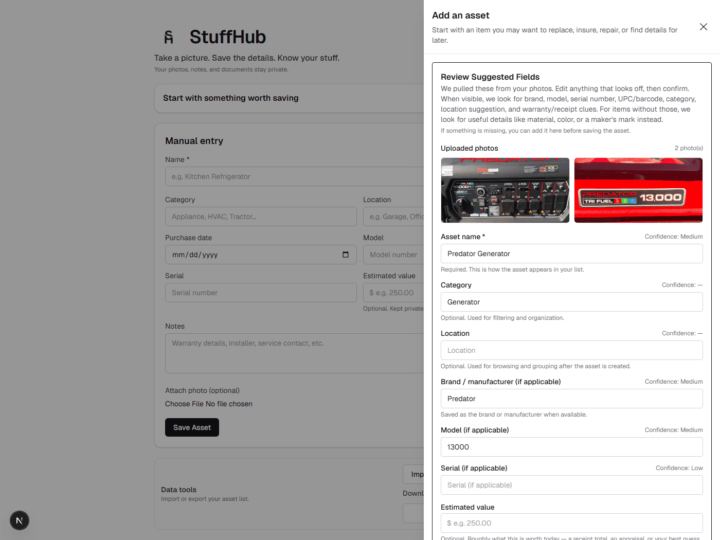 Reviewing AI-suggested details for a saved item, including name and location fields, before confirming.