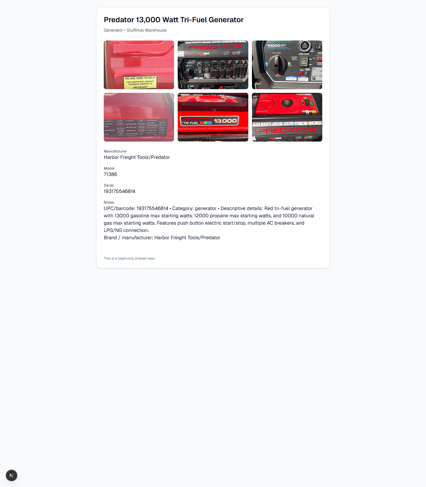 A read-only shared view of an item's details, opened from a share link.